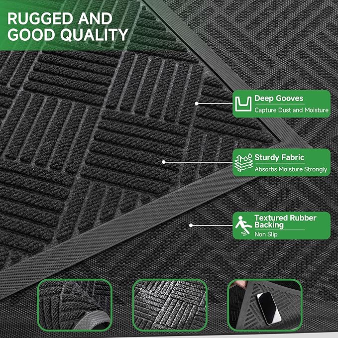 Front Door Mat, Heavy Duty Indoor Outdoor Doormat, 48" x 36" Low Profile Outdoor Mats for Home Entrance, Stain and Fade Resistant Welcome Mat Ideal for High Traffic Area, Diamond Black