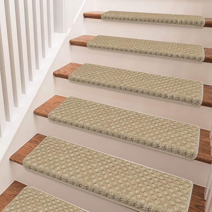 PURE ERA Bullnose Carpet Stair Treads Set Tape Free Non-Slip Indoor Stair Protectors Pet Friendly Rugs 9.5" x 30"(2 Pieces,Khaki Mini-Diamond Trellis)