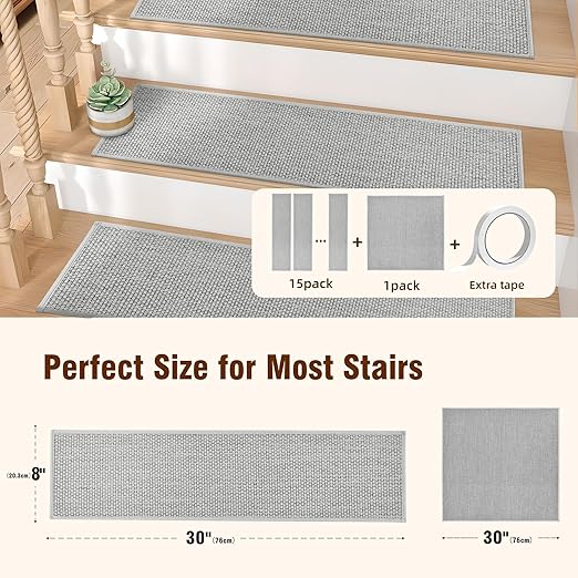 Deerly 15pcs Stairs Treads and 1 Landing Carpet, Breathable Linen Stair Carpet Non Slip for Wooden Steps Peel and Stick Stairs Runner Indoor Self-Adhesive Treads Stair Covers Mat 8"X30" and 30"X30"