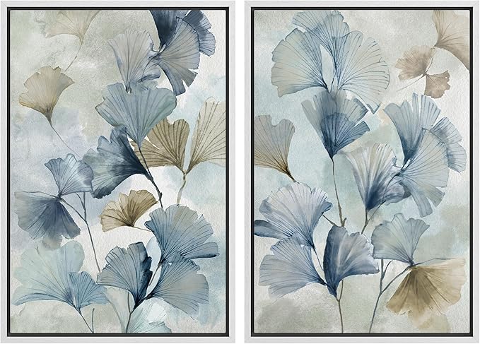 MUDECOR Framed Canvas Print Wall Art Blue Ginkgo Flower Illustrations Modern Art Decorative Bohemian Colorful Chic for Living Room, Bedroom, Office - 24"x36"x2 White