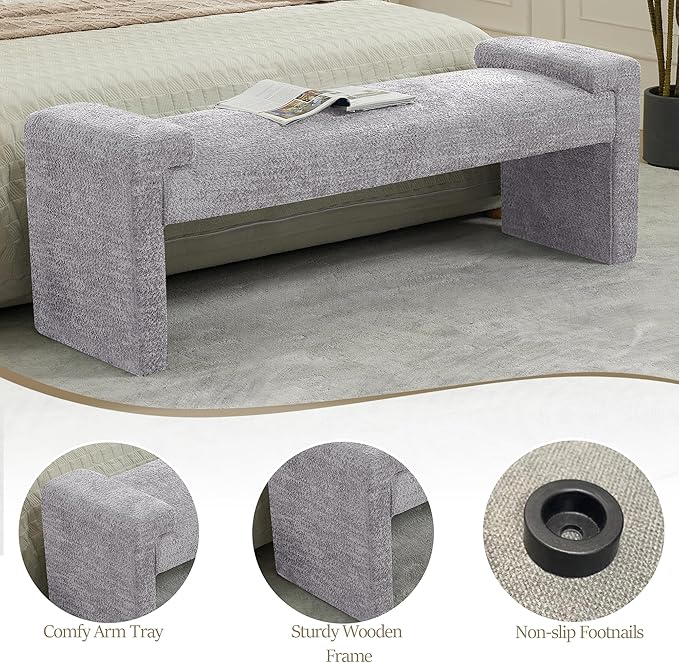 58.7" End of Bed Bench Upholstered Modern Bedroom Bench for Living Room & Entryway, Easy Assembly, Footrest Ottoman Accent Window Bench with Solid Wood Frame & Curved Arm, Grey