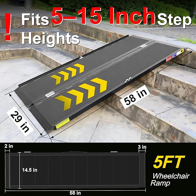 5FT Portable Wheelchair Ramp with Quick-Lock, Black Seamless Non-Slip Aluminum Folding Handicap Ramp,Threshold Ramp for Doorways, Wheel Chair Ramp for Home Steps