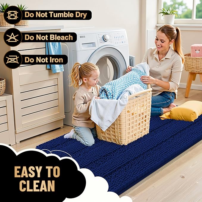 OLANLY Thick Bathroom Rugs 24x16, Extra Soft Absorbent Chenille Striped Bath Rugs, Rubber Backing, Machine Wash Dry, Bath Mats for Bathroom Floor, Tub and Shower, Home Decor Accessories, Navy
