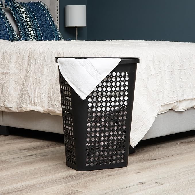 Mind Reader Slim Tapered Laundry Hamper with Lid, Clothes Basket with Swiss Cross Cut-Outs, Lightweight & Ventilated, Plastic, 16.75"L x 12.75"W x 23"H, Black
