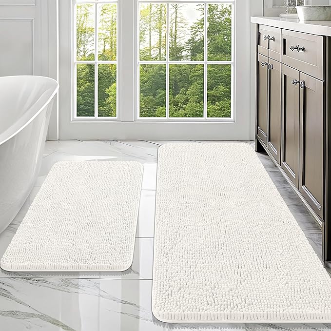 OLANLY Bathroom Rugs Sets 2 Piece, Soft Absorbent Chenille Bath Mats Area Rug Set, Non-Slip, Quick Dry, Machine Washable Bath Mats for Bathroom, Home Decor Accessories (47"x20"+30"x20", Ivory)