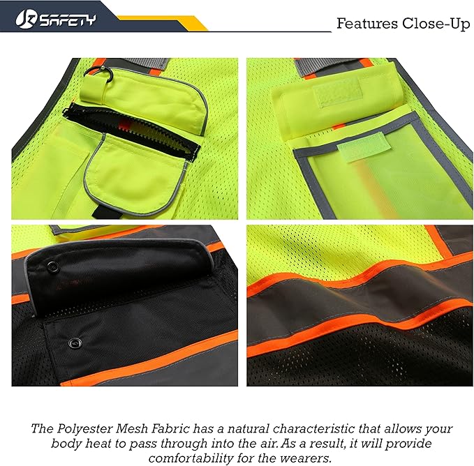 JKSafety 9 Pockets High Visibility Dual Color Zipper Front MESH Lite Safety Vest | Orange Color Triming Reflective Strip | ANSI/ISEA Standards (100-Yellow-Black, XL)