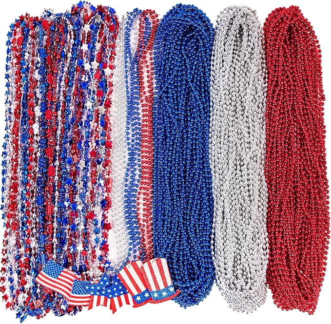 72PCS 4th of July Accessories Necklaces: Blue White and Red Beads Bulk, Patriotic Party Independence Memorial Day Favors Toys Decorations