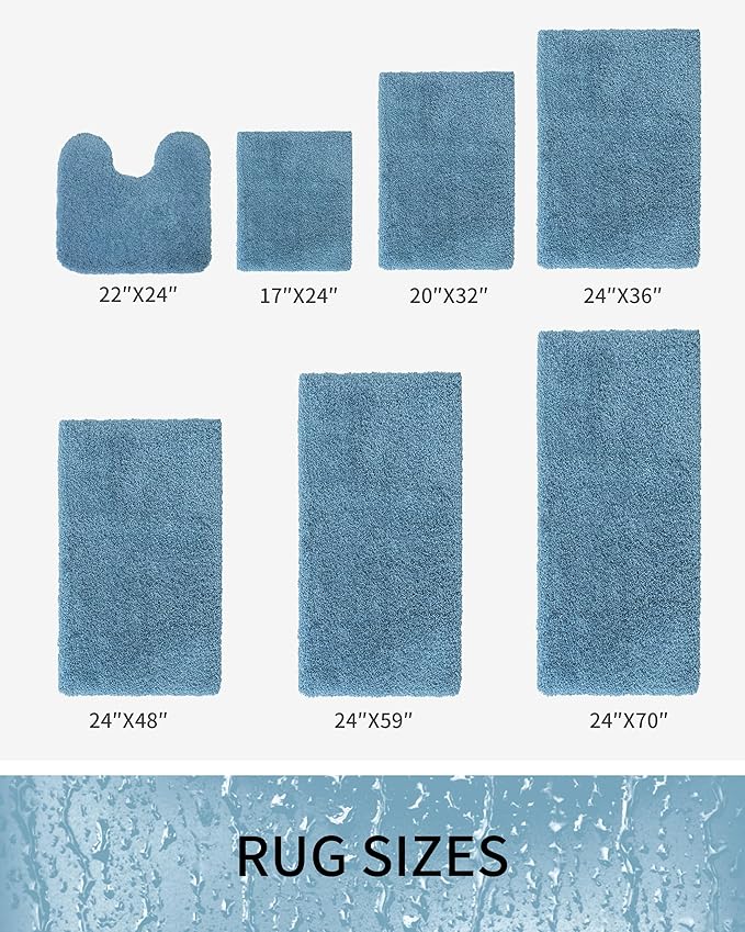 Bathroom Rugs 59x24, Ultra Thick Shaggy Soft Microfiber Absorbent Bath Rug, High Density Foam Latex Non Slip Backing, Machine Washable Bath Mats for Bathroom Floor & Sink, Blue