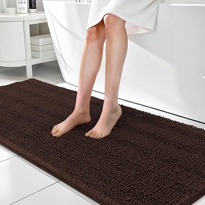 OLANLY Thick Bathroom Rugs 70x24, Extra Soft Absorbent Chenille Striped Bath Rugs, Rubber Backing, Machine Wash Dry, Bath Mats for Bathroom Floor, Tub and Shower, Home Decor Accessories, Brown