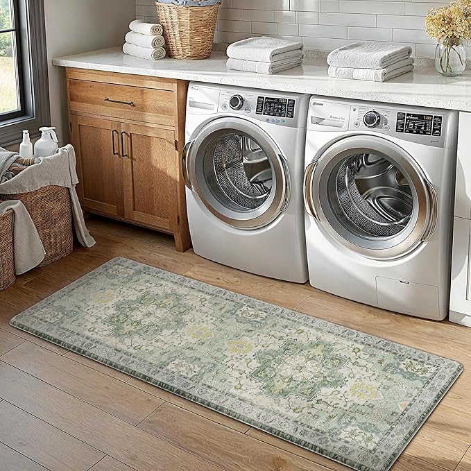 GENIMO Kitchen Mats for Floor 2PCs, Washable Anti Fatigue Mat for Cushioned, 17.3"x47"+17.3"x30", Waterproof Kitchen Rugs, Non Slip Comfort Standing Mat Rug for Home, Sink, Laundry, Light Green