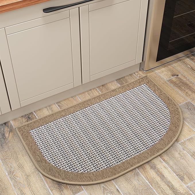 PADOOR Kitchen Mats for Floor, Kitchen Rugs Non Slip Washable, Half Circle Kitchen Floor Mat Sink Rug Rubber Backed Super Absorbent, 20”x32” Brown