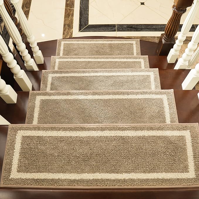 COSY HOMEER Soft Stair Treads Non-Slip Carpet Mat 28inX9in Indoor Stair Runners for Wooden Steps, Stair Rugs for Kids and Dogs, 100% Polyester TPE Backing 7pcs,Beige,Square