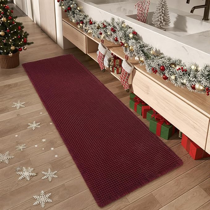Upgraded Christmas Waffle Runner Rug Super Absorbent Non Slip Bath Mats for Bathroom Washable Bathroom Runner Rug with Tassels, Ideal for Hallway Bedroom Laundry Room, 2'x 5'(24" x 60"), Burgundy