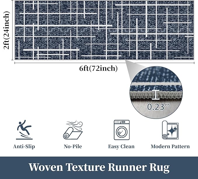Washable Runner Rug 2x6, Blue Modern Distressed Stripe, Kitchen Runner Rug Non Slip, Woven Thin No Shed Runners for Entryway, Kitchen, Laundry Room- Blue