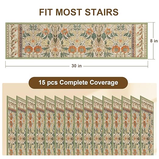 Non Slip Stair Treads for Wooden Steps Indoor, Sage Green, 15pcs, 30"X8", Soft Carpet Mat, Machine Washable Boho Carpet Treads with Reusable Adhesive Backing, Safety Stair Tread for Dog, Kid, Elder
