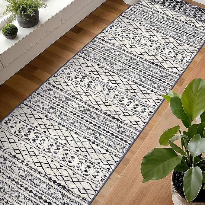 KUTA Moroccan Washable Runner Rug 2.6x18 Non-Slip Vintage Black Navy Blue Boho Hallway Kitchen Rugs Ultra Soft Geometric Floor Carpet Runners for Bedroom Stairway Living Room