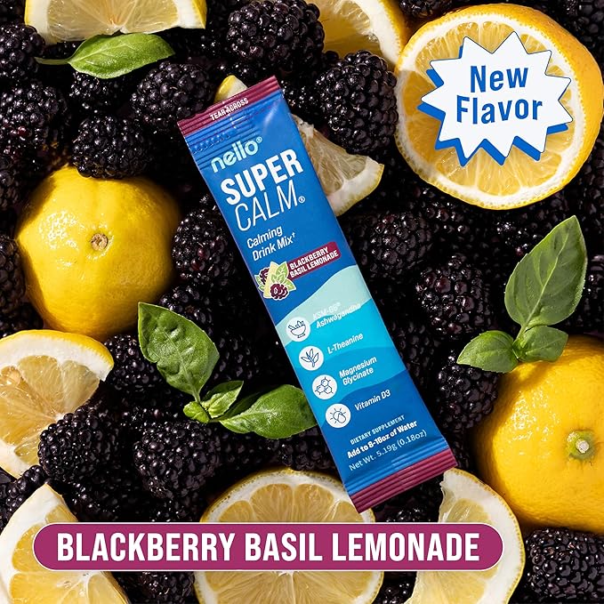 Nello Supercalm Powdered Drink Mix, Cortisol Reducer*, Sleep Aid Supplement, L Theanine, Ksm-66 Ashwagandha, Magnesium Glycinate, Vitamin D 3, No Sugar, Non GMO, 20 Ct, BlackBerry Basil Lemonade