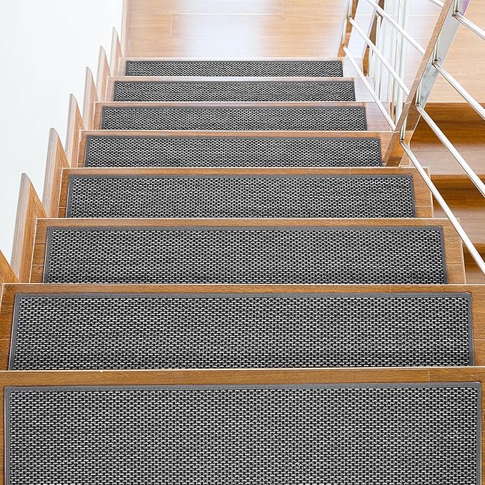 Non Slip Stair Treads for Wooden Stairs, 8" x 30" Staircase Step Treads, 100% Linen, Reusable Adhesive, Indoor, for Kids, Seniors & Dogs (Black, 15pcs)