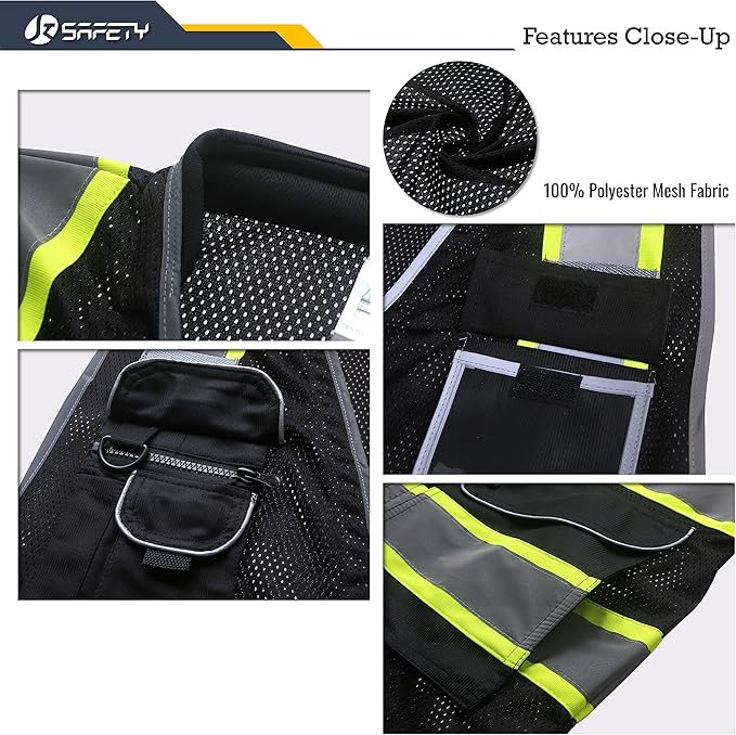 JKSafety 9 Pockets Hi-Vis Black Safety Vest for Men Women High Visibility Reflective Construction Mesh Fabric Cushioned Collar Work Utility PPE Work Gear ANSI/ISEA compliant (101-Black XL)