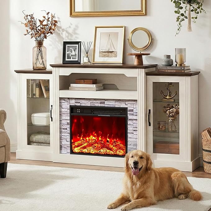 70“ Fireplace TV Stand, 4800 BTU Electric Fireplace with Mantel, Farmhouse Style Wooden TV Console Entertainment Center with Storage, Remote Control, Heating for Living Room, Bedroom, White