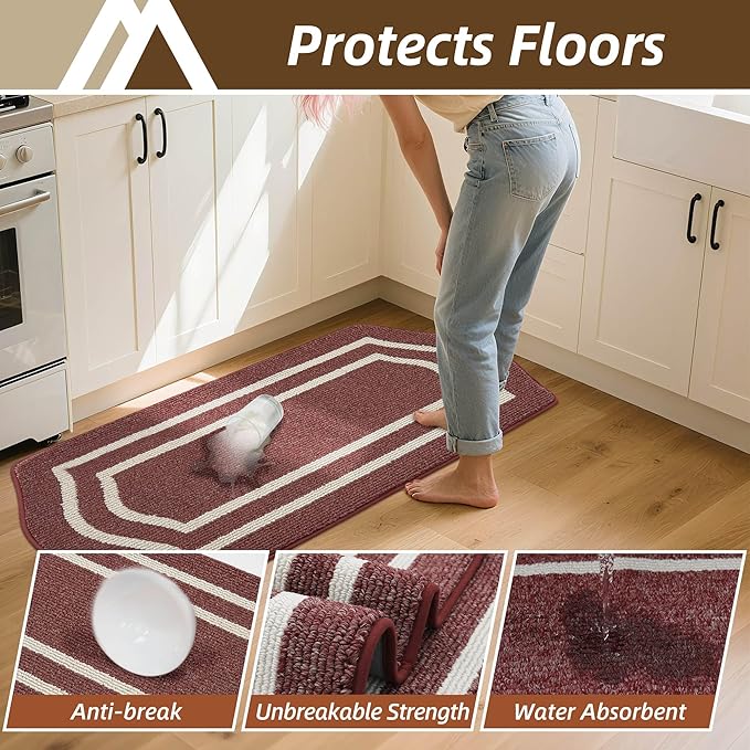 COSY HOMEER Long Kitchen Floor Mats for in Front of Sink Super Absorbent Kitchen Rugs and Mats 24"x48"+24"x59"Non-Skid Kitchen Mat Standing Mat Washable,Polypropylene,Red,Frame