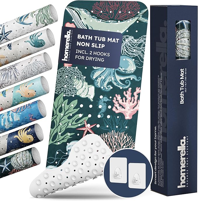 Homerella Baby Bath Tub Mat | Anti Mold Mildew Resistant Non Slip Kids and Adult Bath Tub Shower Mats | 40x16 inch Long with Suction Cups for Secure Grip Hooks for Storage & Drying | Machine Washable