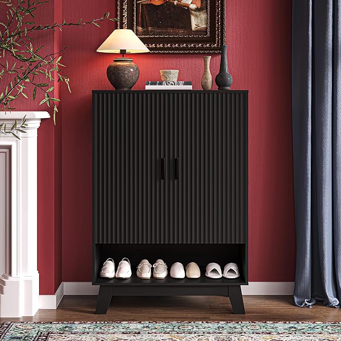 4-Tier Fluted Shoe Cabinet with 2 Doors & Open Shelf, Mid Century Modern Shoe Storage Organizer with Adjustable Shelves, Metal Handles & Wood Legs, Hidden Shoe Rack for Entryway, Hallway
