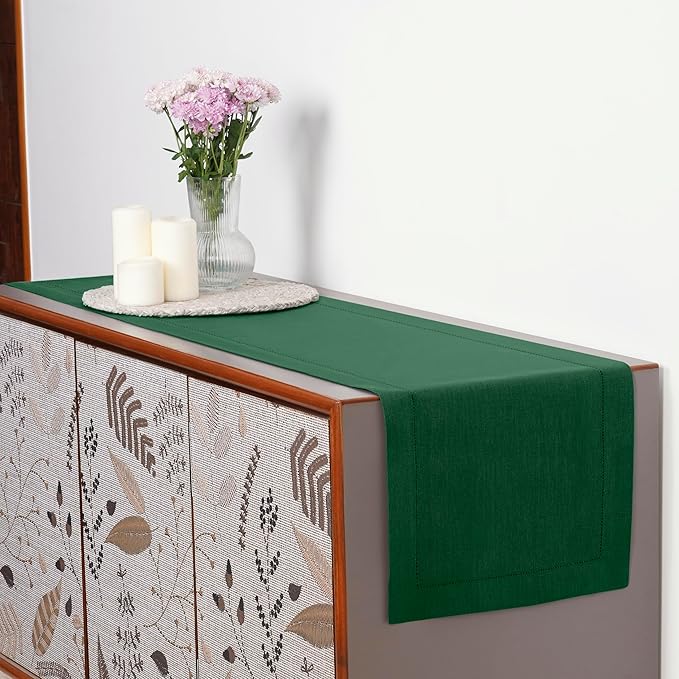 D'Moksha Homes Linen Forest Green Table Runner 72 Inches Long - 100% Pure Linen Hemstitch Table Runner 14 x 72 Inch for Dresser, Dining, St Patricks Day, Easter - Classic Hemstitch