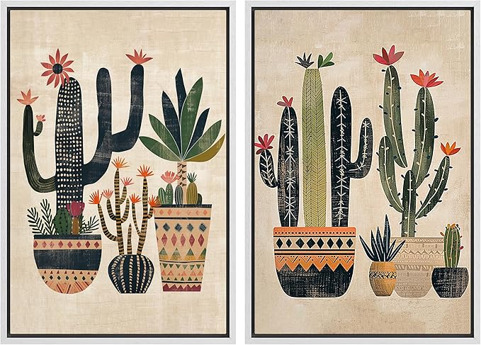 MUDECOR Framed Canvas Print Wall Art Set Mexican Cactus Tropical Botanical llustrations Modern Art Decorative Bohemian Calm/Zen for Living Room, Bedroom, Office - 16"x24"x2 White