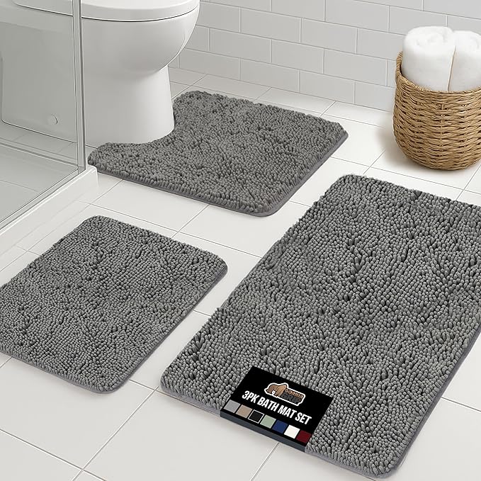 GORILLA GRIP Area Rug Sets 3 Piece, Bath Mat Set and Oval Toilet Base with Rubber Backing, Plush Absorbent Shaggy Chenille Washable Mats, Includes 24x19.5, 24x17 and 30x20 Inch Rugs, Grey