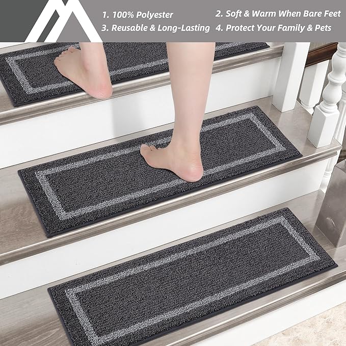 COSY HOMEER Soft Stair Treads 15pcs Non-Slip Carpet Mat 28inX9in Indoor Stair Runners for Wooden Steps, Stair Rugs for Kids and Dogs, 100% Polyester TPE Backing Black,Square