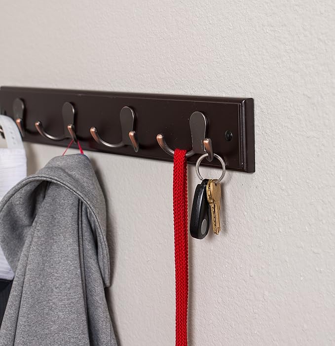 BIRDROCK HOME Dual Hook Coat Rack | 4 Dual Hooks | Wall Mounted Hat Key Rack Rail | Oil Rubbed Bronze Hooks | Dark Brown Pine Bathroom Rail