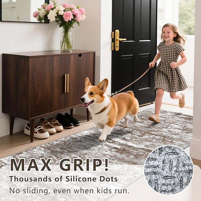 Abstract Washable Runner Rug 2x6, Brown Non-Slip Hallway Rug, Woven Non-Shedding Thin Runners for Entryway, Kitchen, Laundry Room