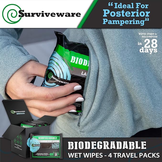 Surviveware Biodegradable Wipes Men or Women - Shower Wet Wipes Face, Body & Butt - Outdoors, Travel, Camping & Post Workout - Total of 60 Wipes - 15 Count, Pack of 4
