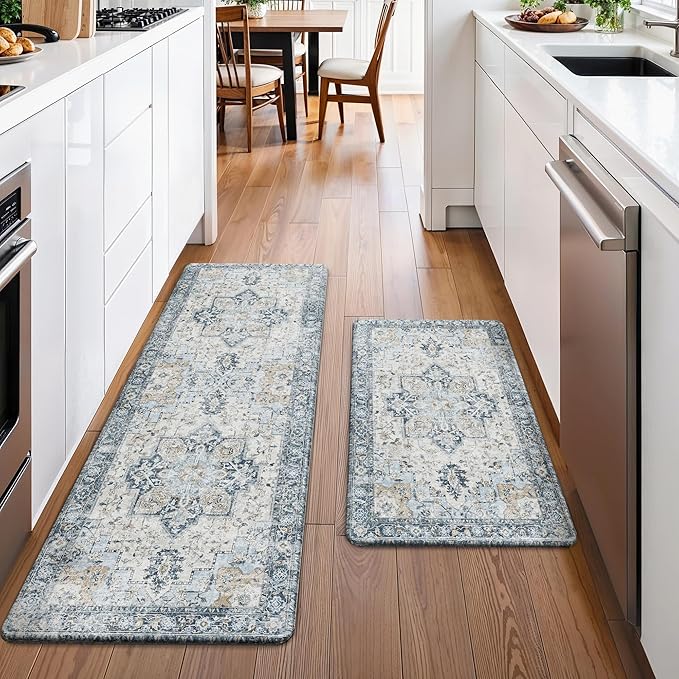 GENIMO Kitchen Mats for Floor 2PCs, Washable Anti Fatigue Mat for Cushioned, 17.3"x47"+17.3"x30", 0.4 inch, Waterproof Kitchen Rug, Non Slip Standing Mat for Home, Runner, Office, Laundry, Light Blue