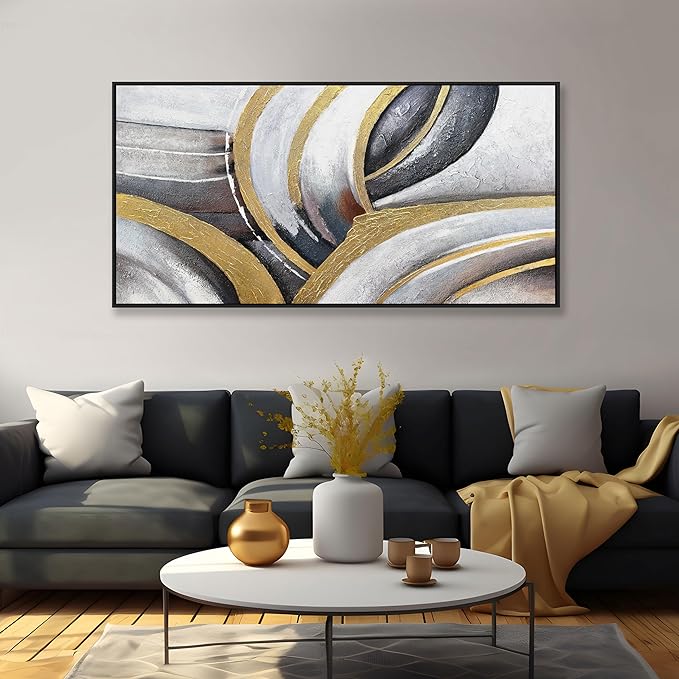 Framed Abstract Wall Art Black White and Gold Abstract Painting Canvas Wall Artwork Modern Home Wall Decor for Living Room Bedroom Office 24"x48"