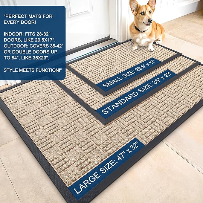 OLANLY Front Door Mat Outside Entrance 47x32, Absorbent, Heavy Duty Sturdy Natural Rubber Doormat Indoor Outdoor, Non-Slip, Stain and Fade Resistant, Low Profile Floor Mat for Entryway, Latte White