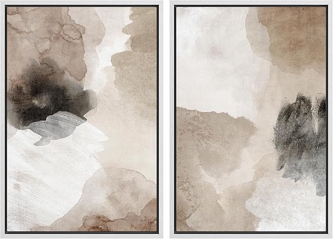 MUDECOR Framed Canvas Print Wall Art Watercolor Brown White Black Collage Abstract Shape Illustrations Modern Art Decorative Bohemian Colorful Chic for Living Room, Bedroom, Office - 16"x24"x2 White