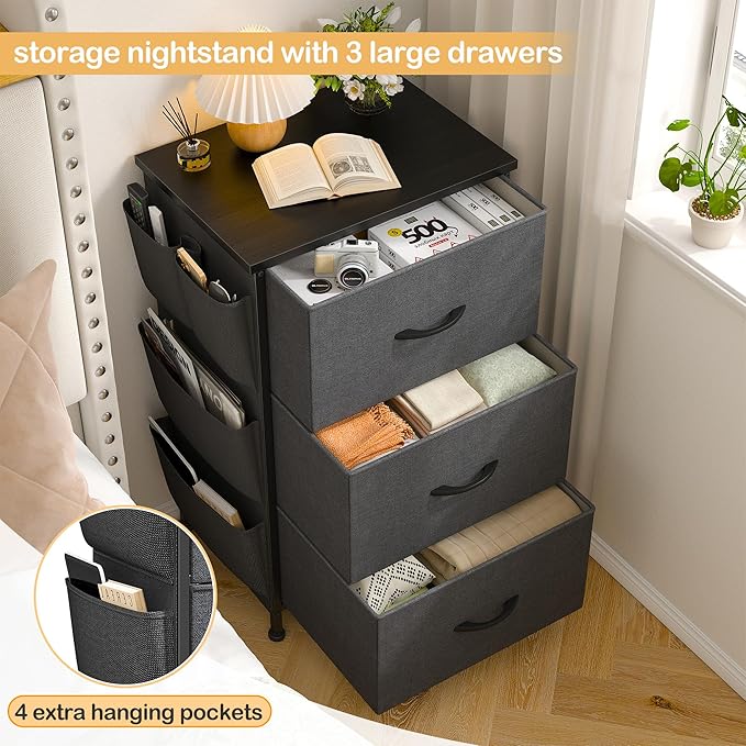 Tall Nightstand, Night Stand with Drawers for Bedroom, Bedside Table with Wooden Top, Sturdy Steel Frame End Table, Dorm Nightstand for Bedroom, Entryway, Hallway, Closet, Cloth Bags, Hooks, Grey