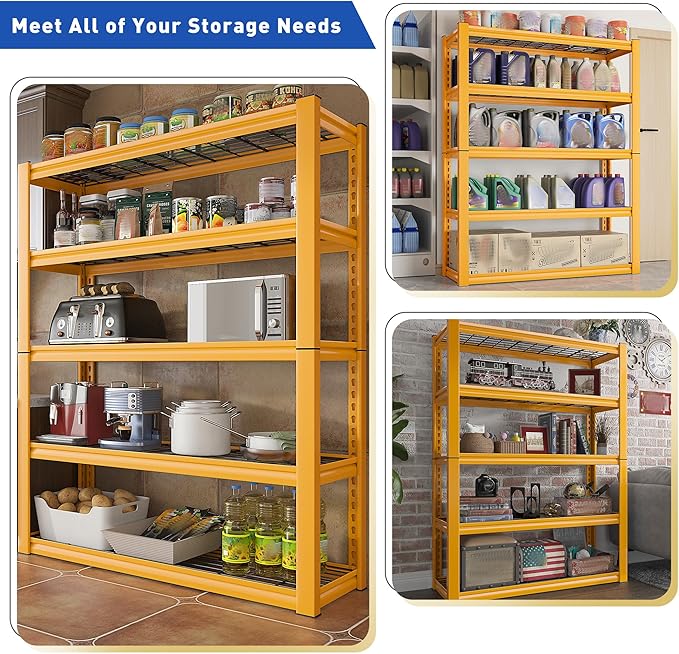 REIBII Storage Shelves, 40''W Garage Shelving, Heavy Duty Metal Shelving 2000LBS, Metal Shelves 5 Tier Industrial Shelf for Kitchen Pantry Warehouse Basement 72" H x 40''W x 17.8''D, Yellow