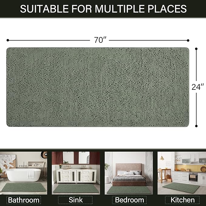 LOCHAS Luxury Bathroom Rug Shaggy Bath Mat 24 x 70 Inch, Washable Non Slip Bath Rugs for Bathroom Shower, Soft Plush Chenille Absorbent Carpets Mats, Sage Green