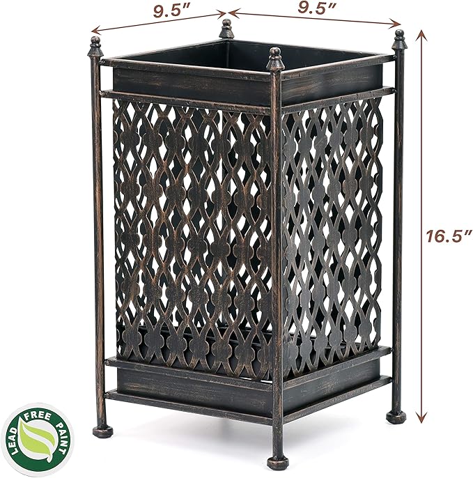 Dualplex Super Quality Umbrella Stand Umbrella Holder Antique Look Metal Entry Hallway Décor Square w/Removable Drip Tray Home Office Rack Holds Umbrellas Canes Walking Sticks Gift Idea 16" Tall