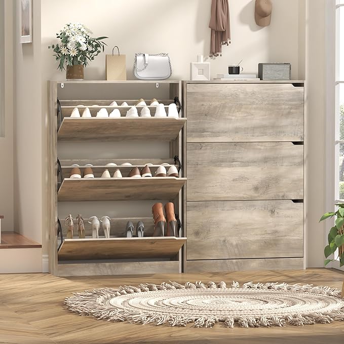 Shoe Cabinet with 3 Flip Drawers, 47" Slim Hidden Wood Shoe Storage Cabinet with Adjustable Shelf, Freestanding Narrow Shoe Rack Organizer for Entryway, Hallway, Grey