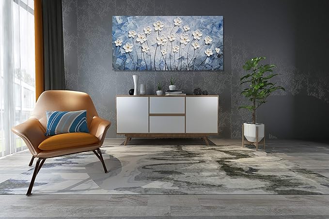 YHSKY ARTS 3D Hand - Painted White Floral Wall Art with Printed Blue Background, Textured Flower Decor for Home