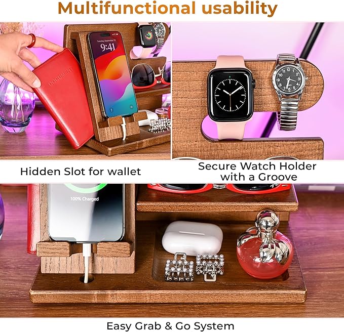 TESLYAR Wood Phone Docking Station for Men - Desktop or Nightstand Organizer - Birthday Gifts for Men, Dad - Anniversary Idea from Wife - Key Holder, Stand Wallet, Watch & Essentials (Earth Beige)