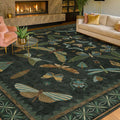 7x9 Insect Dark Green Rugs for Living Room, Boho & Forest Design Area Rug for Dining Room Under Table, Bedroom, Unique Washable Floral Non Slip Low Pile Soft Rug