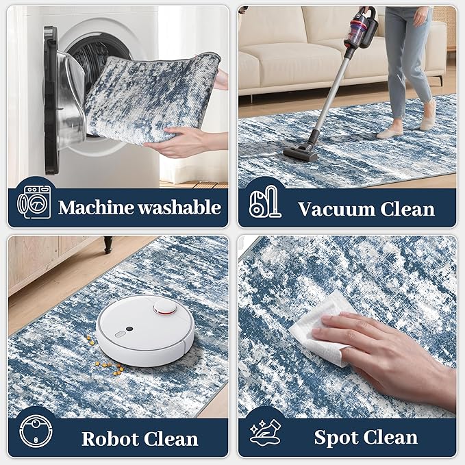 Runners for Hallways Ultra Non-Slip 2x8 Washable Kitchen Rug Abstract Tear and Stain Resistance No Pile Hand-Woven Style Lightweight Runners for Entryway, Laundry Room, Bedside, Blue