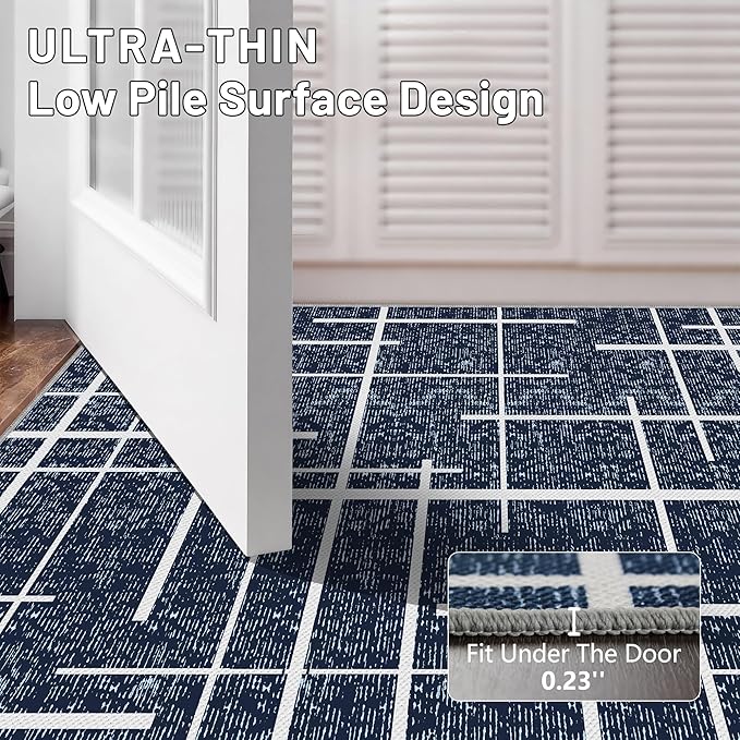 Washable Runner Rug 2x6, Blue Modern Distressed Stripe, Kitchen Runner Rug Non Slip, Woven Thin No Shed Runners for Entryway, Kitchen, Laundry Room- Blue