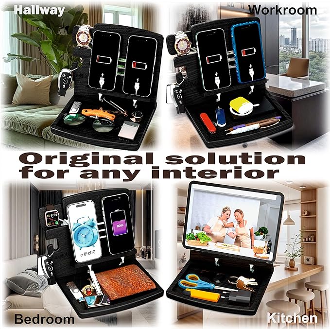 MED Wood Phone Docking Station – Nightstand Desk Organizer for Phone, Watch, Wallet & Tablet – Gift for Men, Husband, Dad & Women – Wooden Charging Stand (Black, Model 1)