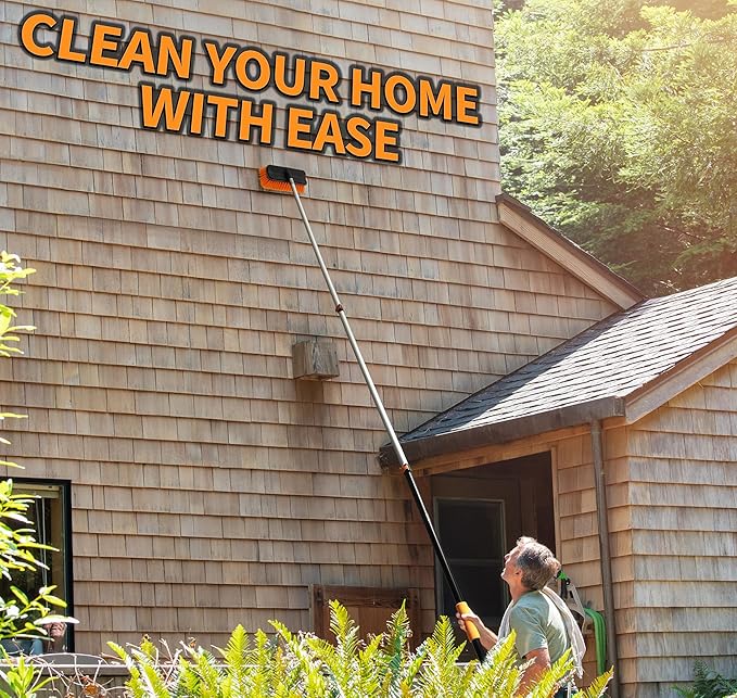 20 Foot High Ceiling Duster Kit and Scrub Brush with 4-12 ft Extension Pole // Telescoping Duster, Window Squeegee and Cobweb Duster with Extension Pole // Interior and Exterior House Cleaning Brushes